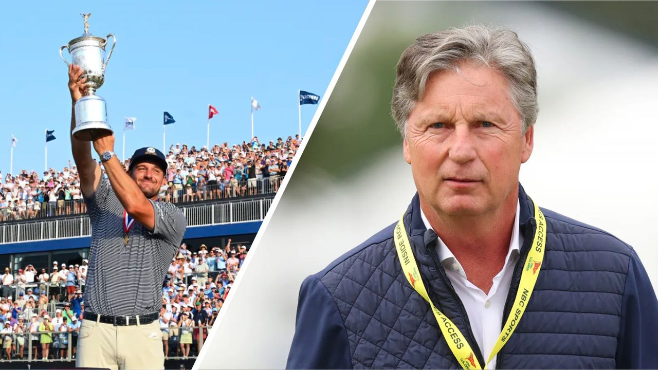 Bryson DeChambeau lifts the 2024 US Open (left) while Brandel Chamblee looks on (right)