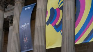 Eurovision banners hanging outside St George's Hall advertising the Handover Ceremony