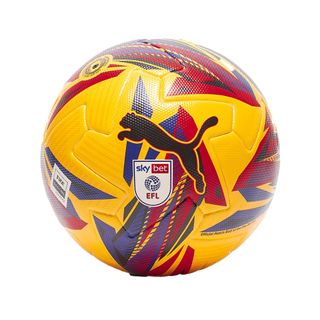 A dark yellow football with sharp blue and red patterns has a black puma on the front and the EFL logo.