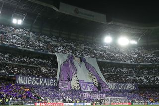 Real Madrid fans display banners cheering their team prior to start the UEFA Champions League round of 16 first leg match between Real Madrid and Manchester City at Bernabeu on February 26, 2020 in Madrid, Spain.