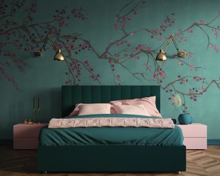 Teal and pink bedroom with cherry blossom wall design by Feathr