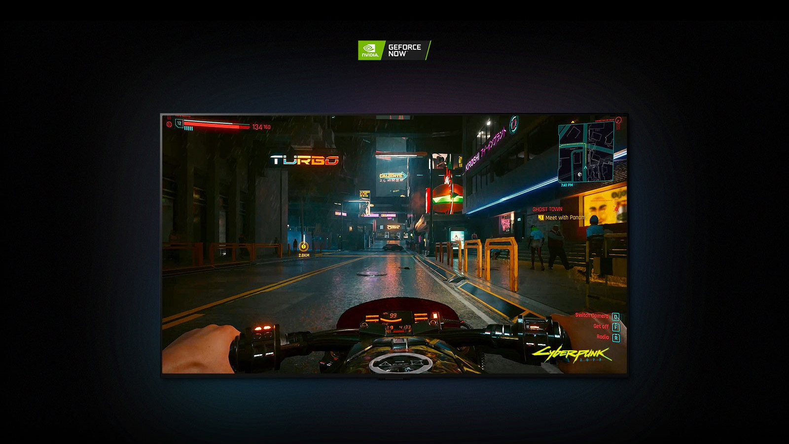 The LG B2 OLED with a screenshot of Cyberpunk 2077 on it.