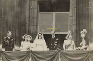 Members of the British royal family on the balcony at Buckingham Palace after the wedding of Princess Elizabeth and Philip Mountbatten.