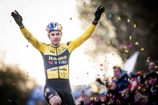 Belgian Wout van Aert celebrates as he crosses the finish line to win the men elite race of the Flandriencross cyclocross cycling event stage 68 in the X20 Badkamers Trofee competition Saturday 28 January 2023 in Hamme Belgium BELGA PHOTO JASPER JACOBS Photo by JASPER JACOBS BELGA MAG Belga via AFP Photo by JASPER JACOBSBELGA MAGAFP via Getty Images