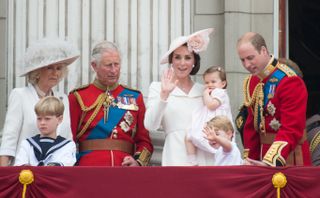 Camilla, Duchess of Cornwall, Prince Charles, Prince of Wales, Catherine, Duchess of Cambridge, Princess Charlotte, Prince George and Prince William, Duke of Cambridge stand on the balcony of Buckingham Palace during the Trooping the Colour
