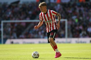 Sunderland's Jack Clarke during the Sky Bet Championship Play Off Semi Final 1st Leg between Sunderland and Luton Town at the Stadium Of Light, Sunderland on Saturday 13th May 2023.