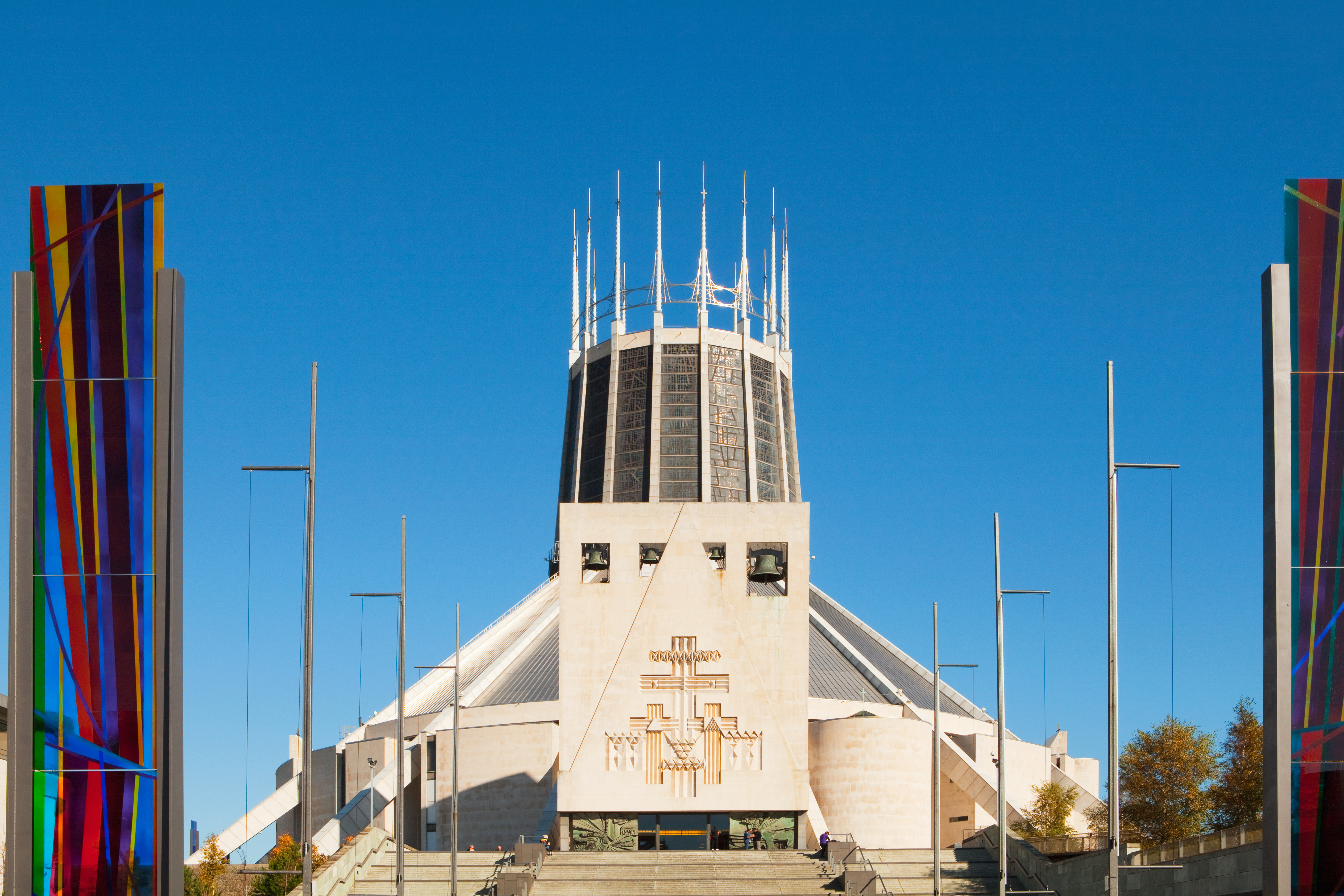 Exterior of Liverpool Cathedral with pointed crown-like tower