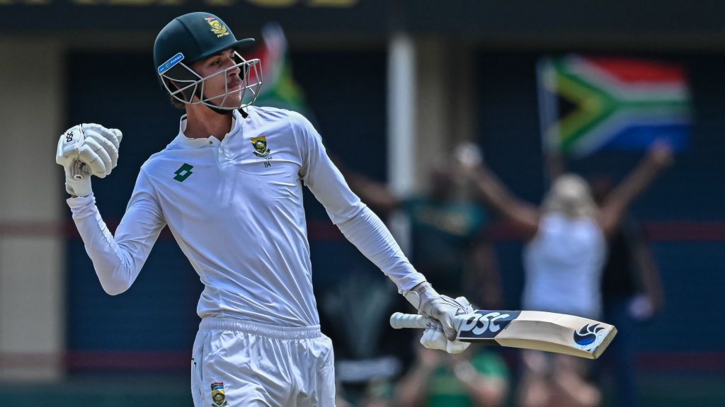  Marco Jansen of South Africa celebrates as he hits the winning runs to win the match during day 4 of the 1st Test match between South Africa and Pakistan at SuperSport Park on December 29, 2024 in Centurion, South Africa.