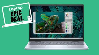 Ice Blue Dell Inspiron 14 Plus laptop against green background with epic deal sticker.