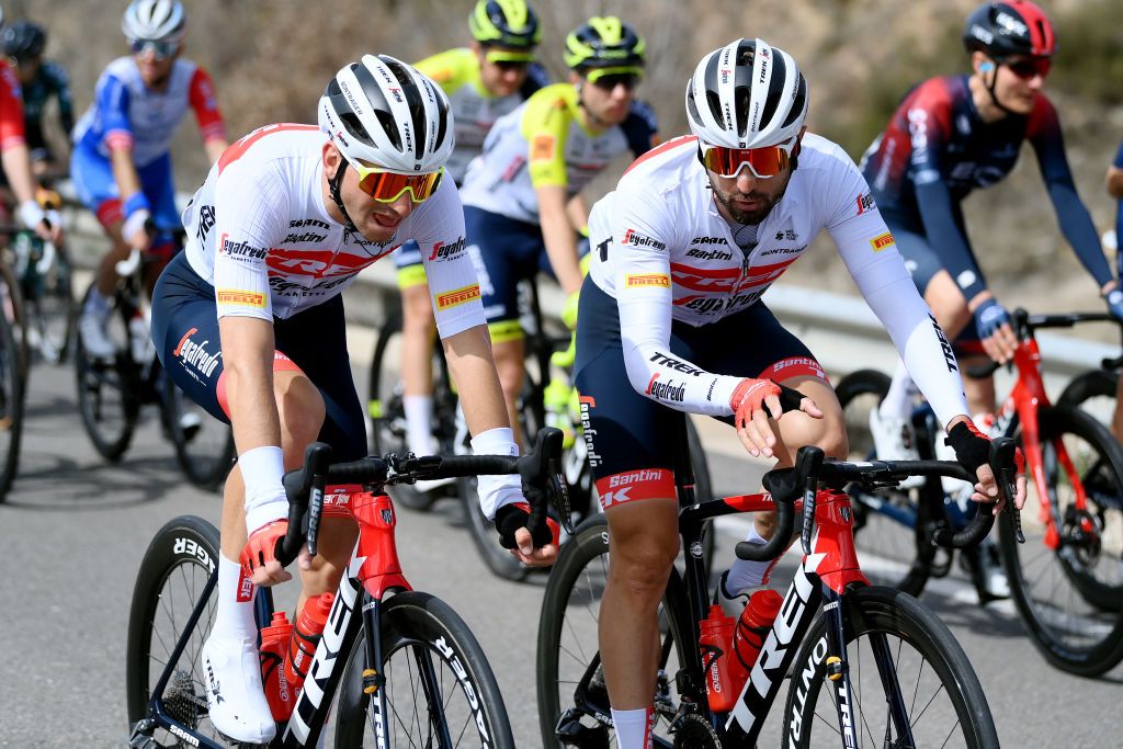 VILANOVA I LA GELTRU SPAIN MARCH 25 LR Giulio Ciccone of Italy and Dario Cataldo of Italy and Team Trek Segafredo compete during the 101st Volta Ciclista a Catalunya 2022 Stage 5 a 2063km stage from La Pobla de Segur to Vilanova i la Geltr VoltaCatalunya101 WorldTour on March 25 2022 in Vilanova i la Geltru Spain Photo by David RamosGetty Images