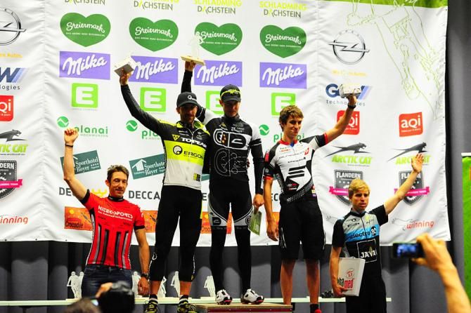 Elite men's podium: Christoph Soukop, Alban Lakata, Kristian Hynek, Jiri Novak, Frans Claes