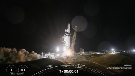 A SpaceX Falcon 9 rocket launches the Transporter 13 rideshare mission from Vandenberg Space Force Base in California on March 15, 2025.