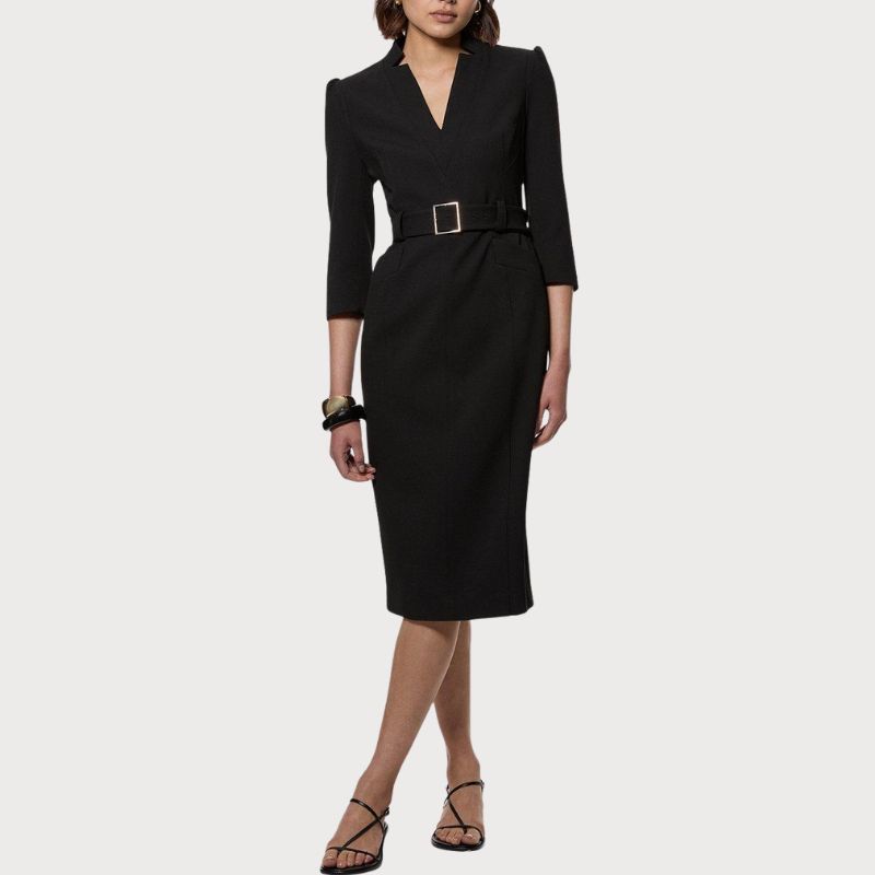 Structured Crepe Belted Forever Midi Dress on model 