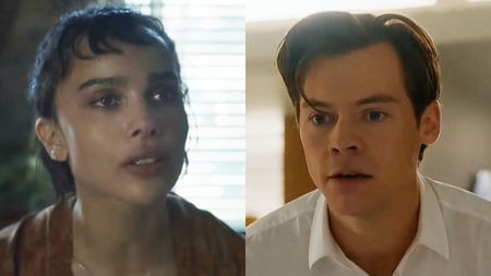 Zoë Kravitz and Harry Styles in a side-by-side photo.