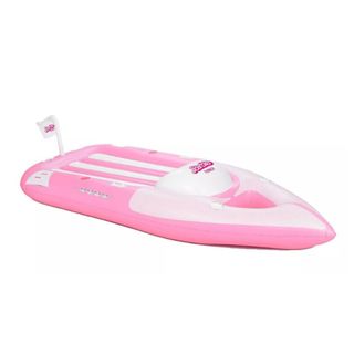 A Barbie themed speed boat shaped pool floatie