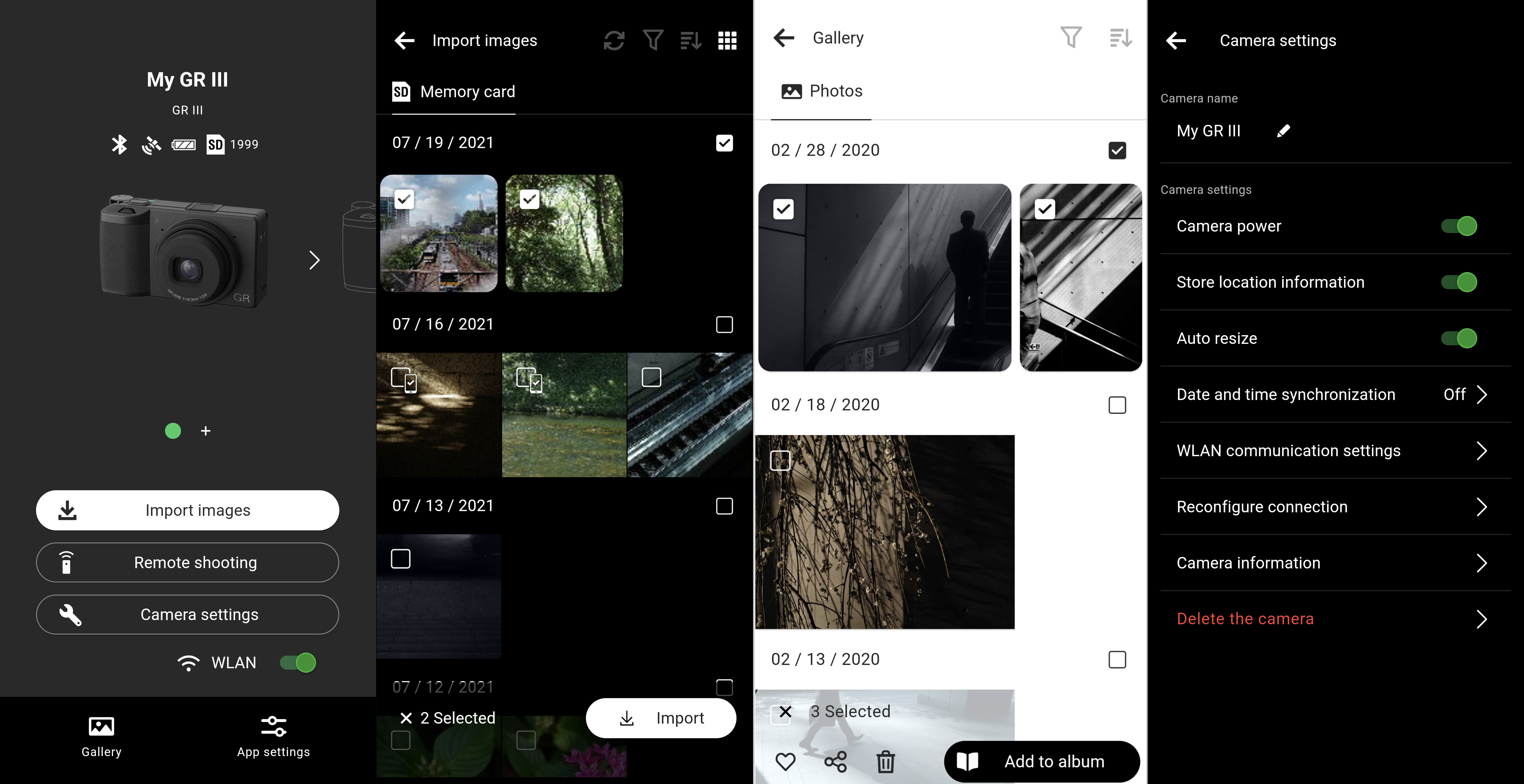 Screenshots of the GR World app