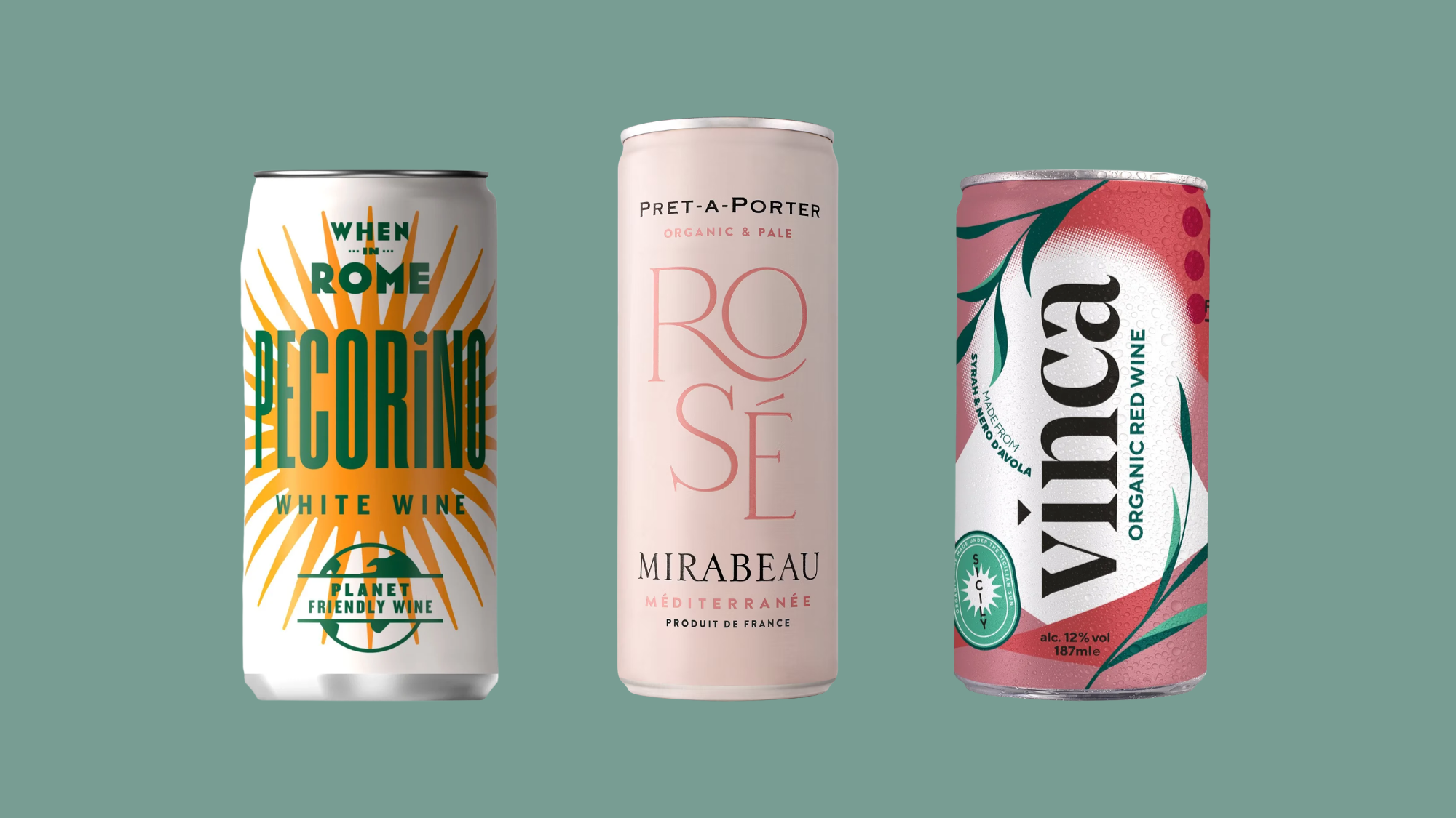 A variety of canned wines featuring a white, a red and and a ros&eacute;