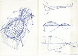 Three blue pen sketches of spiral object
