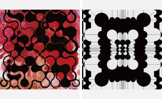 Two polka dot designs for perfume bottle in black, red and white
