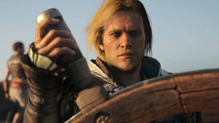 Assassin's Creed Black Flag Resynced reveal trailer screenshot shows Edward Kenway steering a ship.