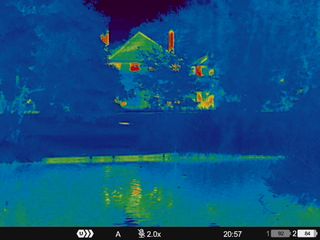 Color thermal images of people and wildlife in a park taken on a Pulsar Merger LRF XP35 binocular