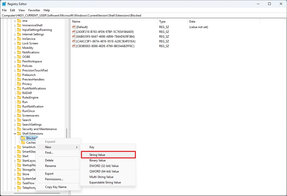 Registry create string to block items in context menu