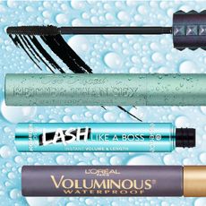 Collage of waterproof mascaras from Benefit, L'Oreal, Essence, Too Faced, Lancome overlaid on water droplets background