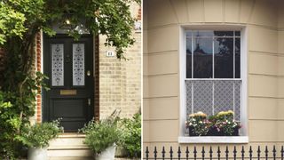 a compilation of two images showing a black front door with decorative windows and a front bay window from outside with half te window obscured by decorative film to show how to make a house exterior look expensive on a budget