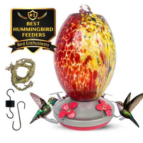 Nature Gear Hummingbird Feeder, Hanging-Mount Glass Hummingbird Feeders for Outdoors, Hand-Blown Glass Feeder With Ant Moat for Garden Hummingbirds, Easy to Clean &amp;amp; Rust Resistant, Volcano Red