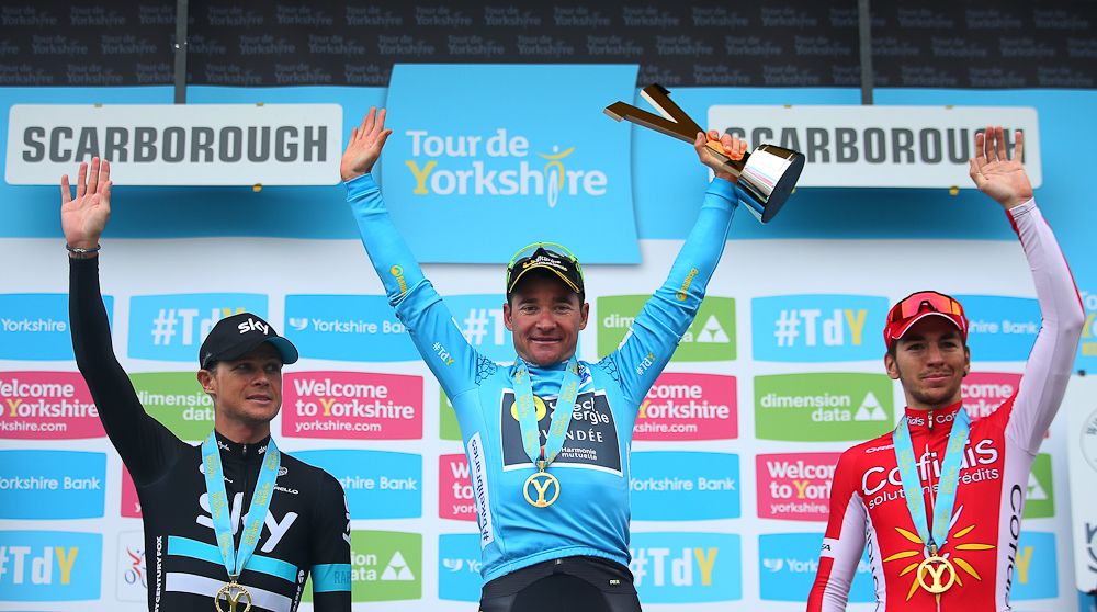 Thomas Voeckler on the final podium at the Tour de Yorkshire