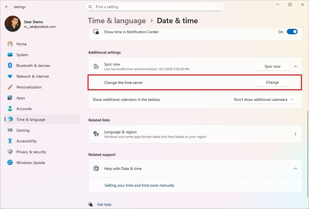 Windows 11 Settings change time server option