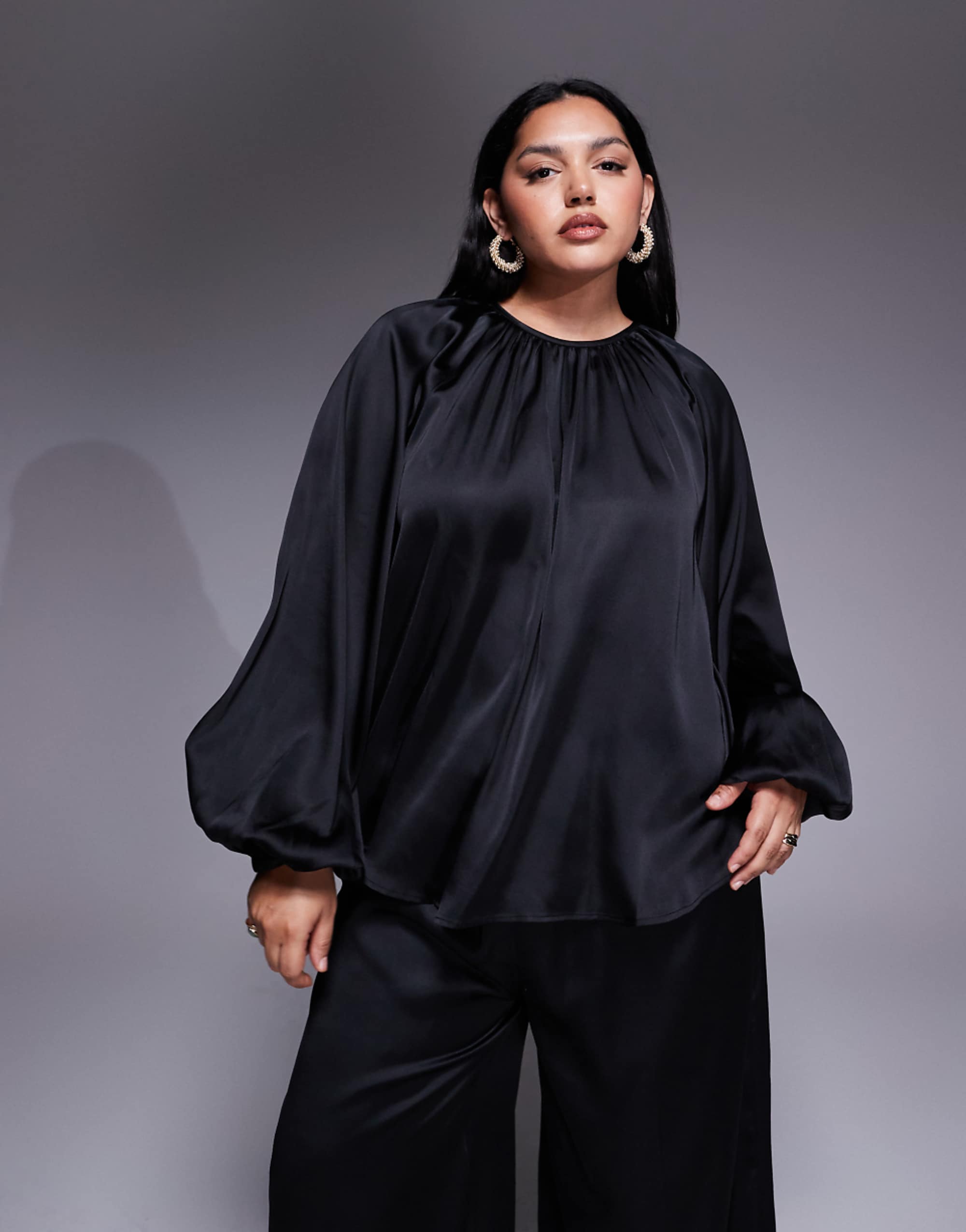 Asos Design Curve Volume Sleeve Satin Blouse in Black