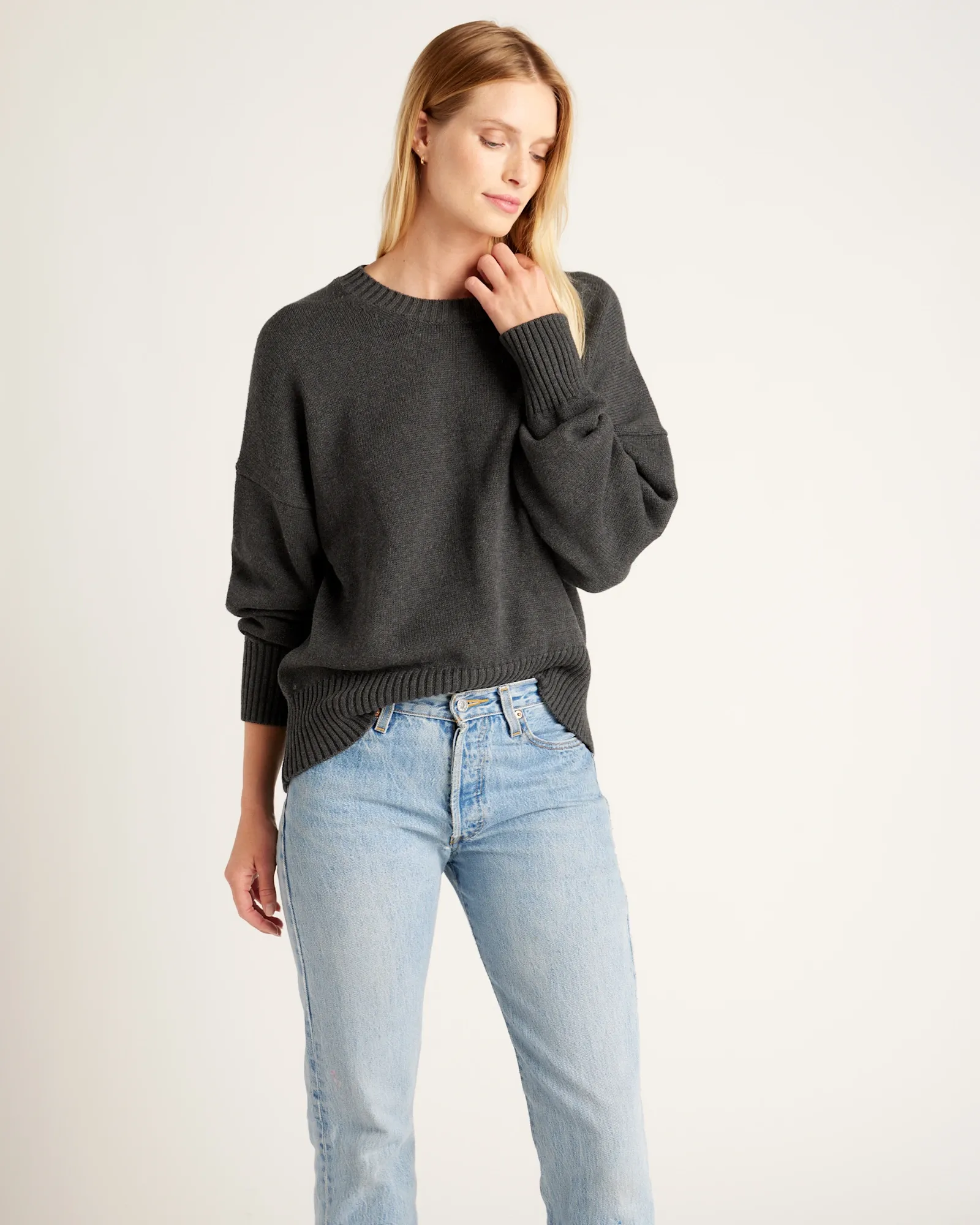 100% Organic Cotton Boyfriend Crew Sweater in Charcoal