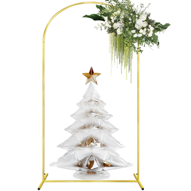 a product photo of a metal gold freestanding arch for decorating with garlands