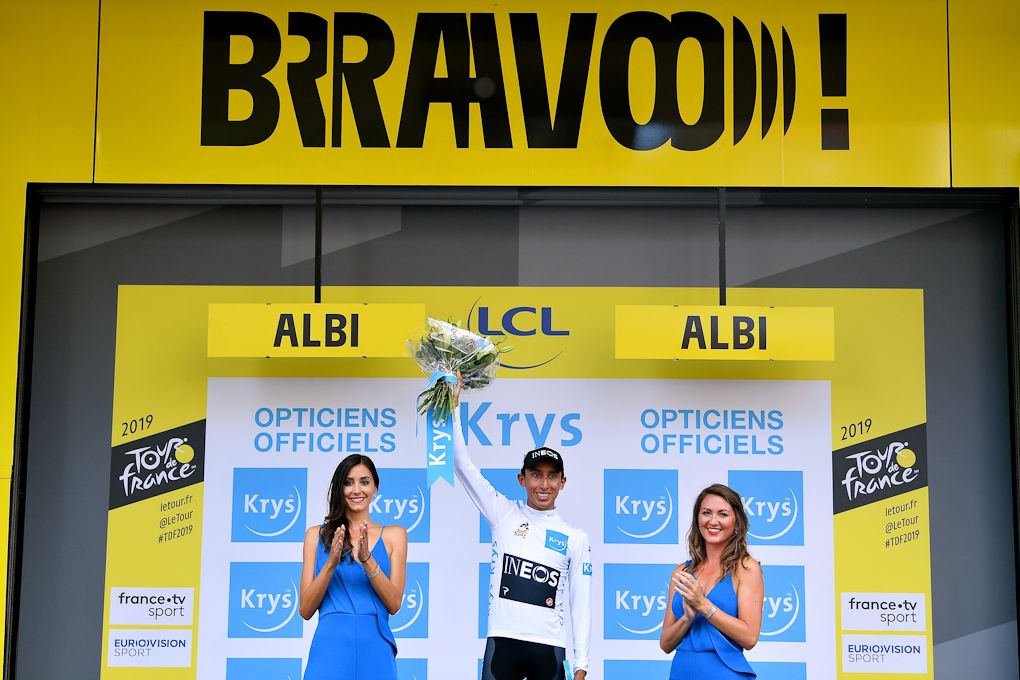 Egan Bernal in the Tour de France white jersey after stage 10