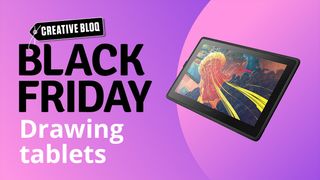 A Wacom Cintiq hovers on a purple background with the words Black Friday Drawing Tablets typed. 