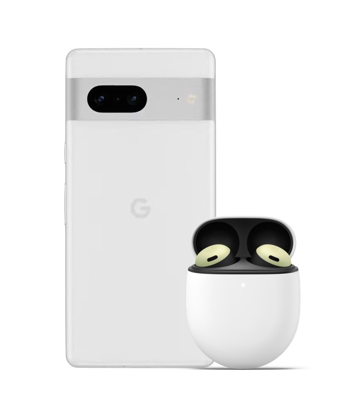 Google Pixel 7 och Buds Pro mot en vit bakgrund.