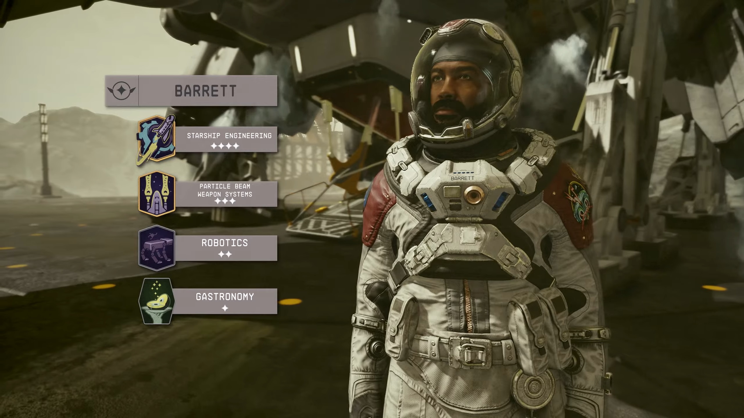 Starfield companions - Barrett, a man in a white space suit beside an overlay displaying his skills