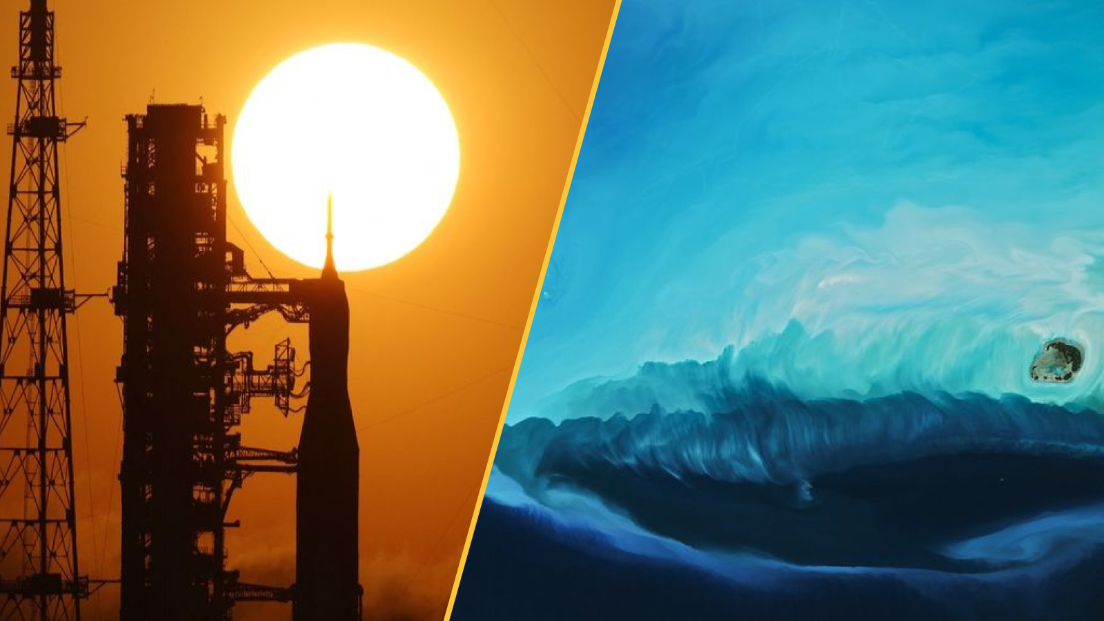 A rocket stands in front of a sunset and azure waters are seen from the sky.