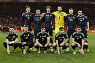 Scotland Euro 2024 squad Scott McTominay of Scotland, Lawrence Shankland of Scotland, Jack Hendry of Scotland, Scotland goalkeeper Angus Gunn, Ryan Porteous of Scotland, John McGinn of Scotland. Front row (l-r) Billy Gilmour of Scotland, Nathan Patterson of Scotland, Andrew Robertson of Scotland, Kieran Tierney of Scotland, Ryan Christie of Scotland during the friendly Interland match between the Netherlands and Scotland at the Johan Cruijff ArenA on March 22, 2024 in Amsterdam, The Netherlands. ANP MAURICE VAN STEEN (Photo by ANP via Getty Images)