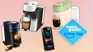 a composite image on a peach background of four nespresso machines and a blue diamond tom's guide prime day badge