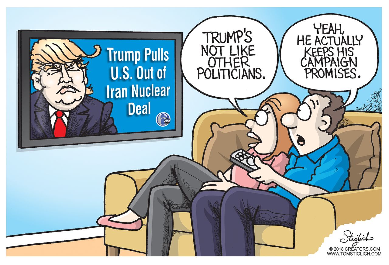 Political cartoon U.S. Trump Iran nuclear deal campaign promises