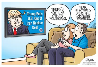 Political cartoon U.S. Trump Iran nuclear deal campaign promises
