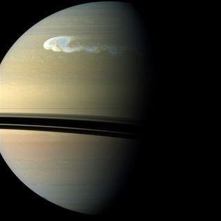 An image of Saturn taken in December 2010 by the Cassini spacecraft shows a storm with a latitudinal and longitudinal extent of 10,000 km and 17,000 km, respectively. The latitudinal extent of the storm’s head is approximately the distance from London to Cape Town. A "tail" emerging from its southern edge extends further eastward.