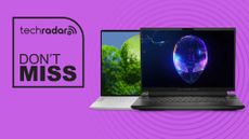 Dell XPS 14 and Alienware m16 on purple background with don't miss text overlay