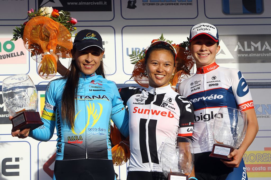 The podium: Arlenis Sierra (Astana), Coryn Rivera (Team Sunweb) and Cecile Uttrup Ludwig (C&eacute;rvelo-Bigla)