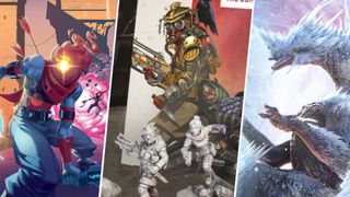 A collection of three images from Dead Cells, Apex Legends, and Monster Hunter World Iceborne board game artwork