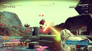 Games like Minecraft - a player shooting an enemy with a laser during No Man's Sky.