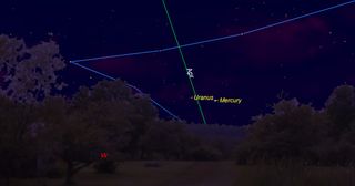 On Saturday, March 25, Mercury will be 2 degrees to the right of Uranus. The best observing times will be between 8:15 p.m. and 8:45 p.m. local time, when Mercury should be readily visible with unaided eyes. Uranus will require binoculars or a telescope to see.