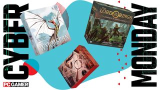 Wyrmspan, Sherlock Holmes, and Lord of the Rings board games on a blue background